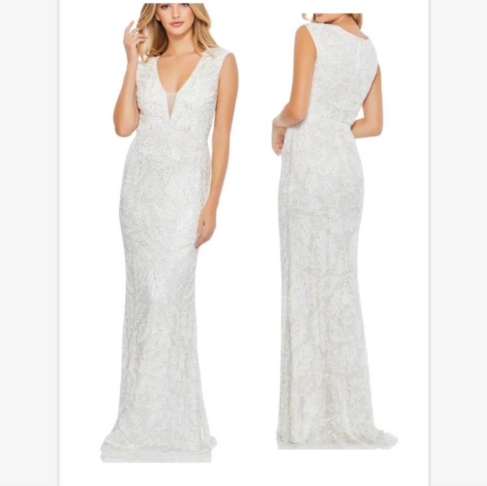 Mac Duggal 5429 Whitr Long Formal Beaded White Silver Evening Wedding Dress 14